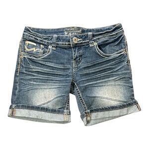 Apollo Jeans Womens Denim Shorts Blue Cuffed Embellished Pockets